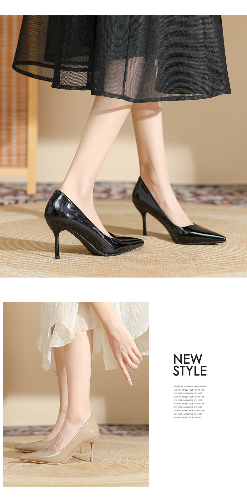 Giày cao gót nữ mũi nhọn da bóng gót 8 cm – giày cưới công sở — Màu Đen-8cm chi tiết 5