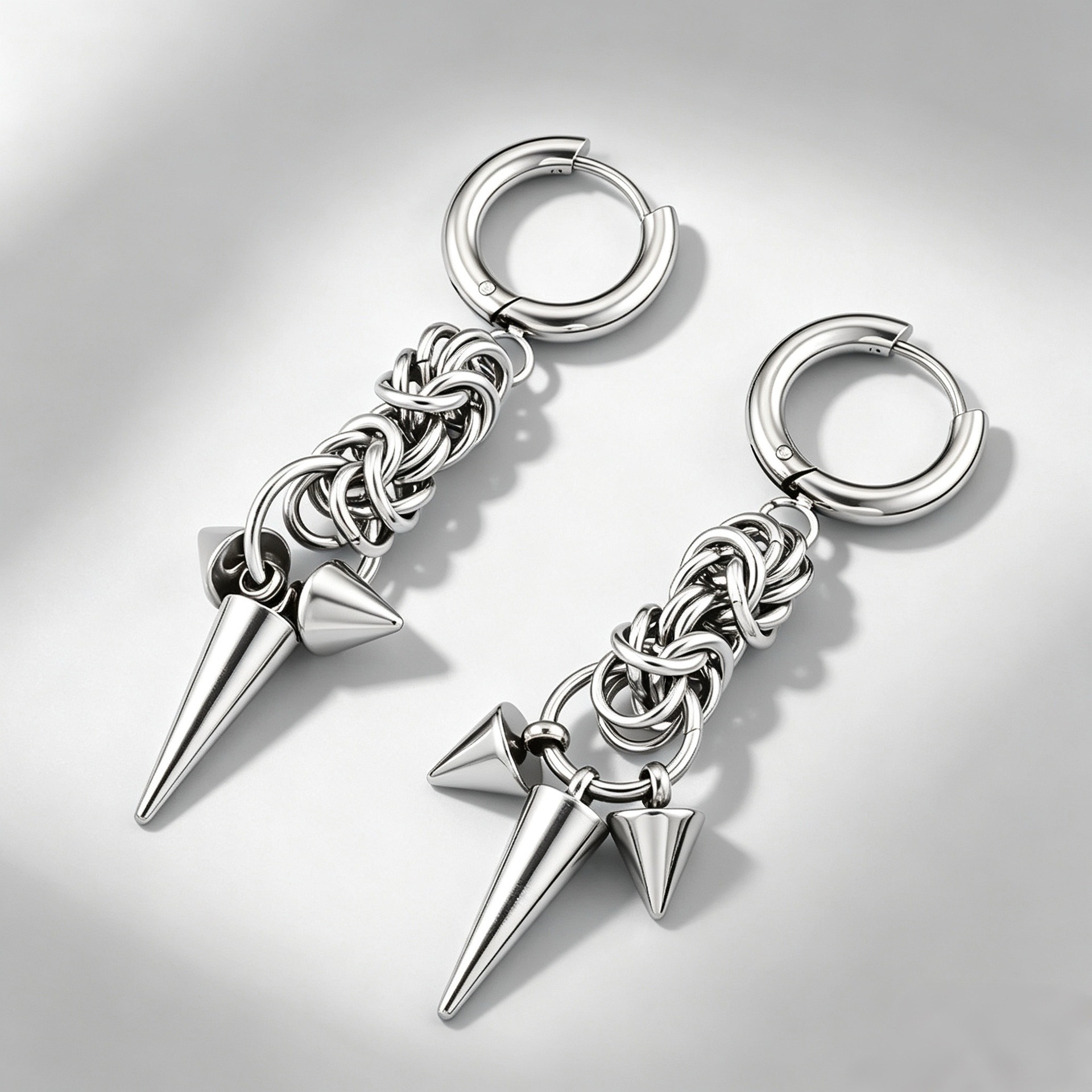 Heavy-duty chain spike rivet earrings, stainless steel punk-style cone earrings, unisex earrings wholesale