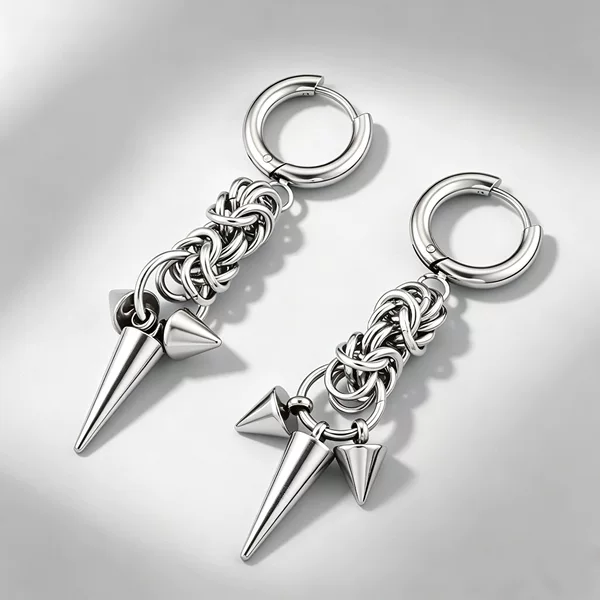Heavy-duty chain spike rivet earrings, stainless steel punk-style cone earrings, unisex earrings wholesale