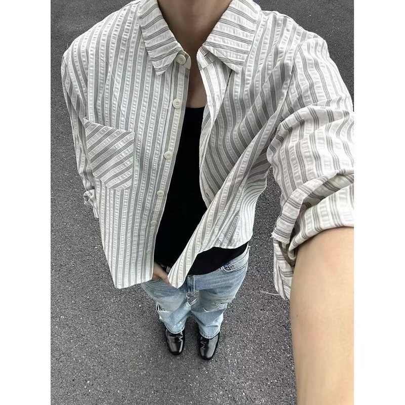 条纹泡泡纱衬衫2025秋季新款休闲正肩长袖衬衣复古条纹上衣男潮牌|undefined