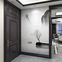 新中式书房墙布电视背景墙壁纸大气山水抽象壁画玄关客厅墙纸