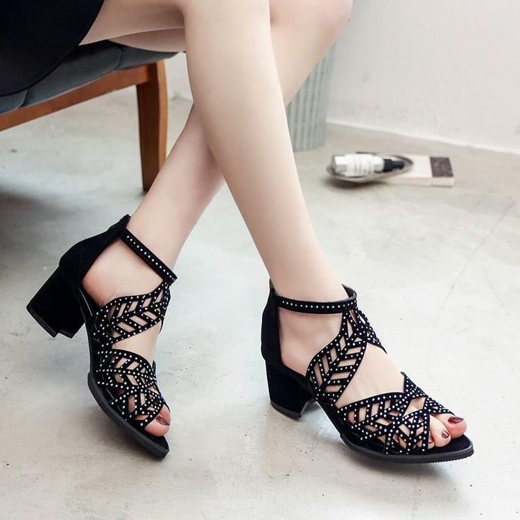 Water Diamond Sandals Women's Summer New Fish Mouth Thick High Heel Hollow Fashion Single Nightclub Sexy Black Mesh_voghion.com