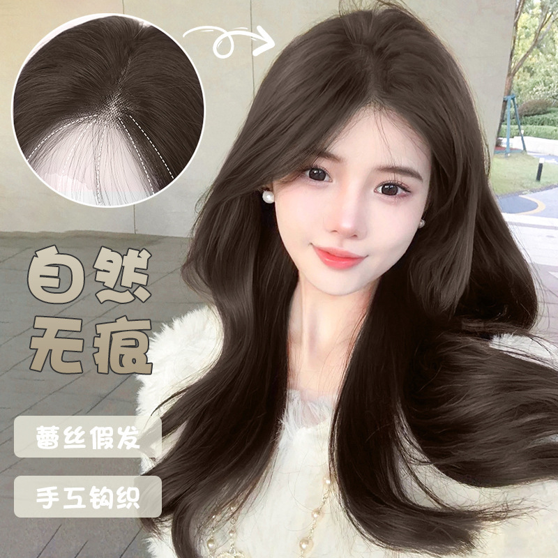 Cross-Border Direct Sales Hand-Woven Lace Front Wig for Women with Long Hair, High-End, Can Be Styled with Middle Part or Any Parting, Full Head Wig