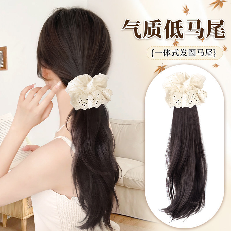 Women's Lazy Side Clip Low Ponytail Wig, Long Curly Hair, Influencer Style Scrunchie, Fake Braids