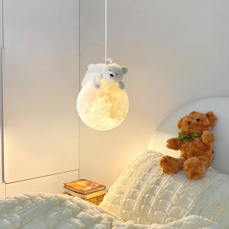 Bedside Chandelier Modern Simple Boy and Girl Children's Room Bedroom Balcony Hanging Wire Resin Lamp Round Moon Small Chandelier
