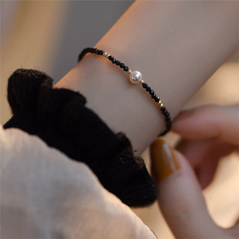 Extremely Fine Black Crystal Design Crystal Strong Light Freshwater Pearl Black Butterfly Bean Cat Silver Bracelet