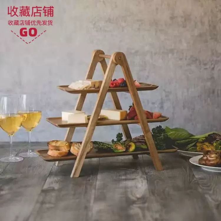 木质托盘收纳架三层桐木相思木火锅店上菜托盘可折叠木质食物收纳