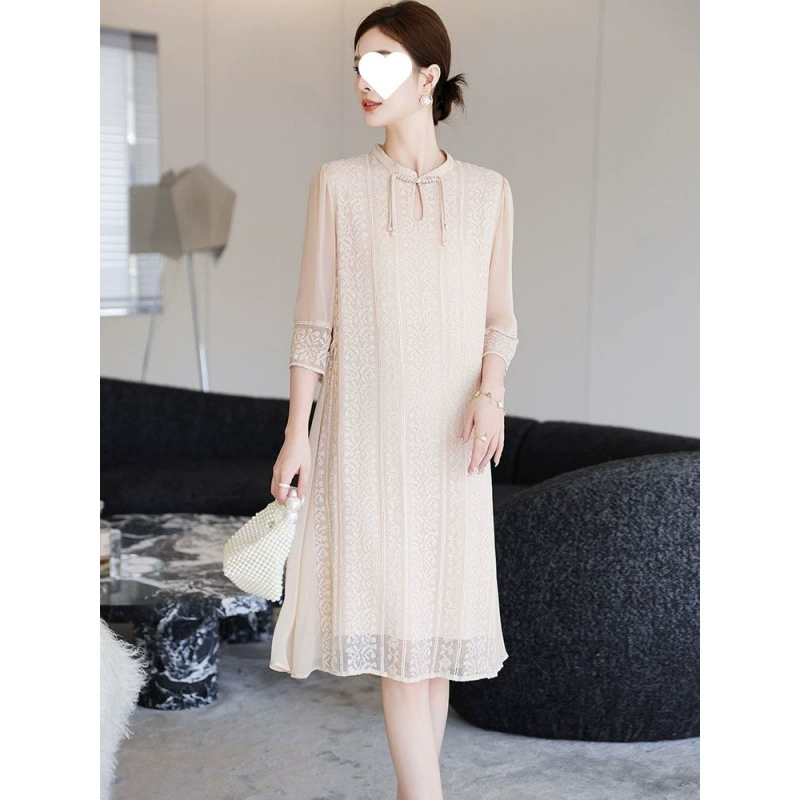 Женское платье из шелка тутового шелкопряда с вышивкой, бренд Hangzhou, средней длины, лето 2025, новое, дышащее, стройнящее.