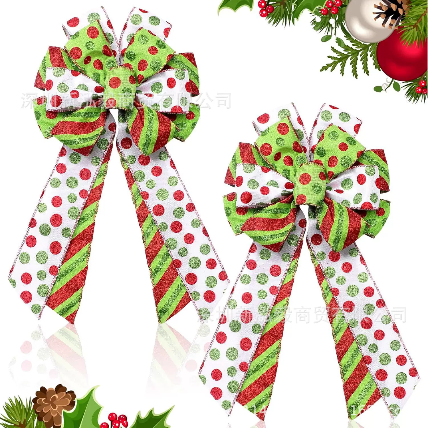 圣诞树装饰蝴蝶结闪光圆点丝带装饰圣诞节户外家庭花园派对装饰