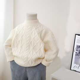 儿童加厚圆领套头红色麻花毛衣冬季韩版男女童长袖内搭针织上衣潮