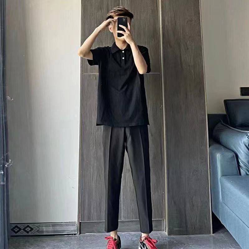 Polo Shirt in Solid Color, Heavyweight Black, with a Collar, Men's Korean Style, Simple Ins-Style Summer Clothing, Women's Short-Sleeve with Collar