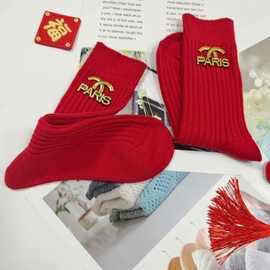 新年红色喜庆女袜冬季保暖手缝饰品袜时尚婚礼袜高颜值本命年必备