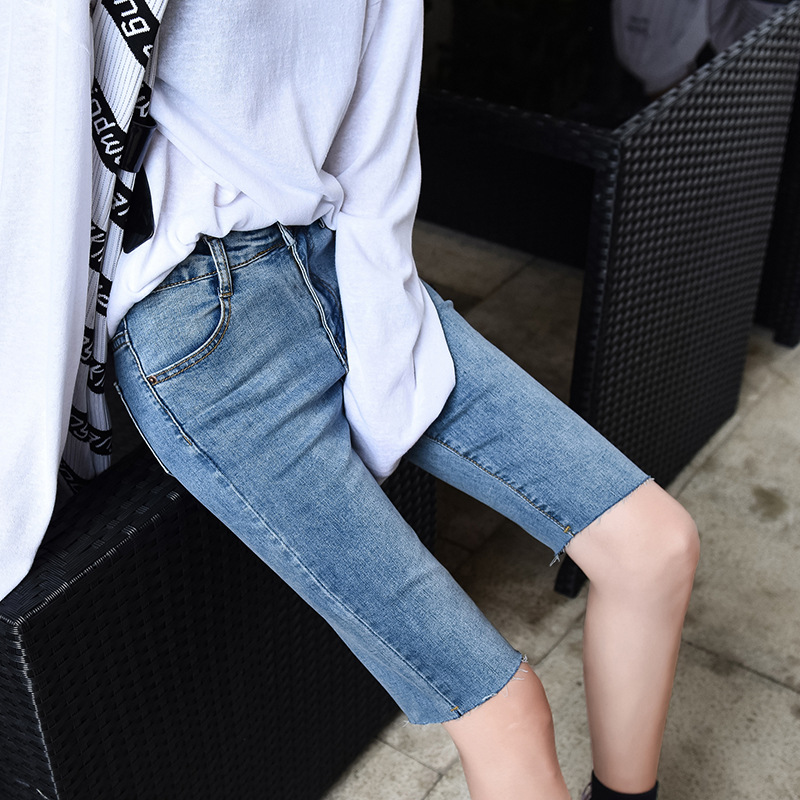 厂家直销五分裤女夏2022新款紧身弹力高腰骑行薄款牛仔中裤潮