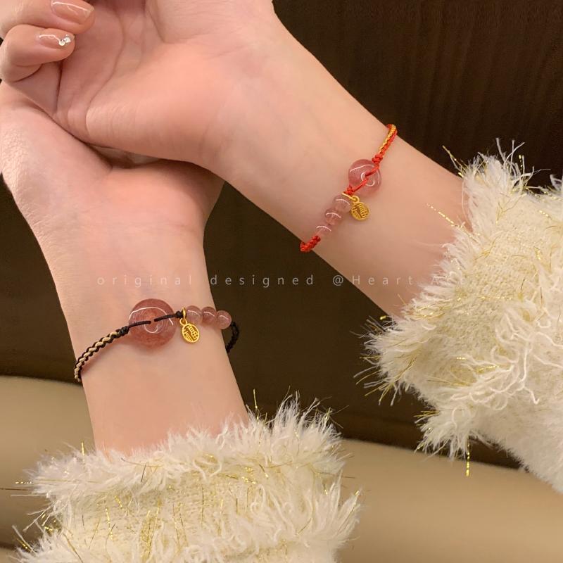 Peach Blossom ~ Strawberry Crystal Safe Buckle Woven Fu Brand Bracelet Women's Light Luxury Niche Design Internet Celebrity Couple's Hand Rope