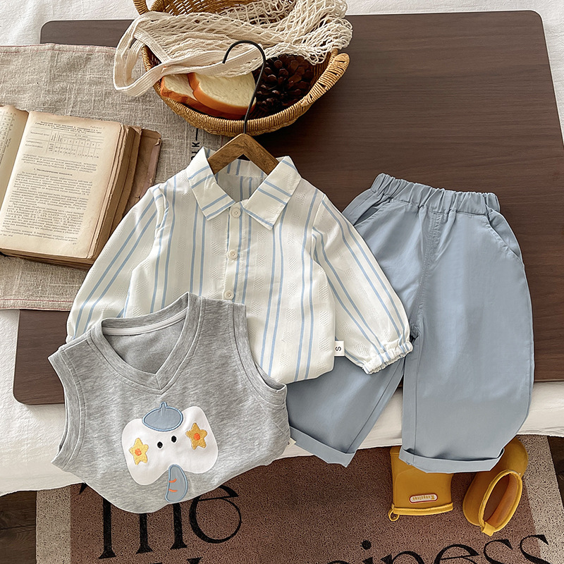 Children's Striped Spring/Autumn Shirt Three-Piece Set, Cute Elephant Outfit for Boys and Girls, Cartoon Vest, Loose Casual Pants