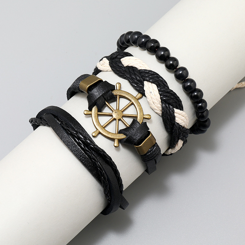 4 Pieces Quantity Daily Occasion PU Leather Material Fashion Cross Letter PU Leather Beaded Men's Bracelets Men Beaded Bracelets