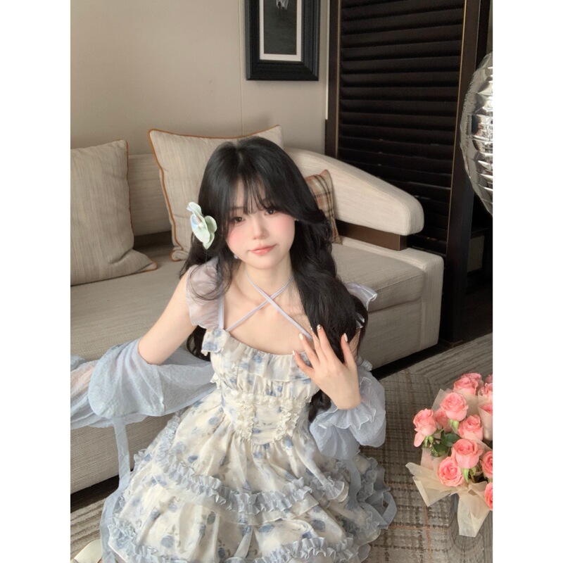 Exquisite Girl's Beautiful High-End Outfit Suit Skirt Summer Chic Floral Dress Sun Protection Blouse Birthday Skirt