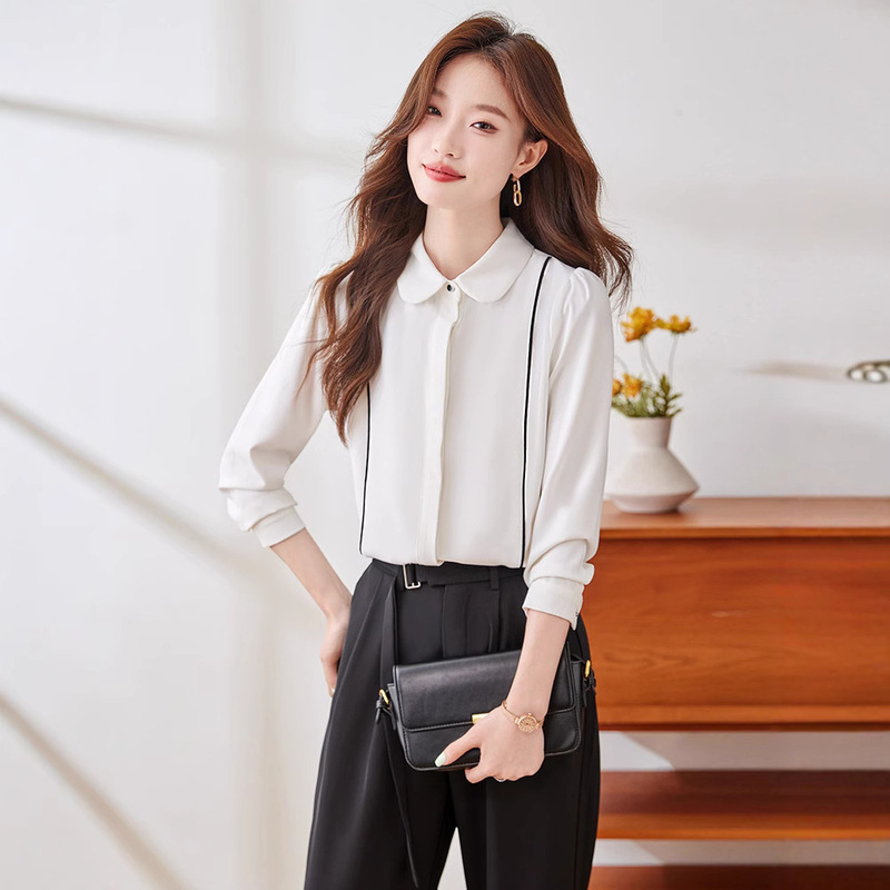 Cross-Border Autumn New Purple Doll Collar Shirt for Women, Designer Niche Color-Blocking Top, Loose Versatile Shirt for Autumn