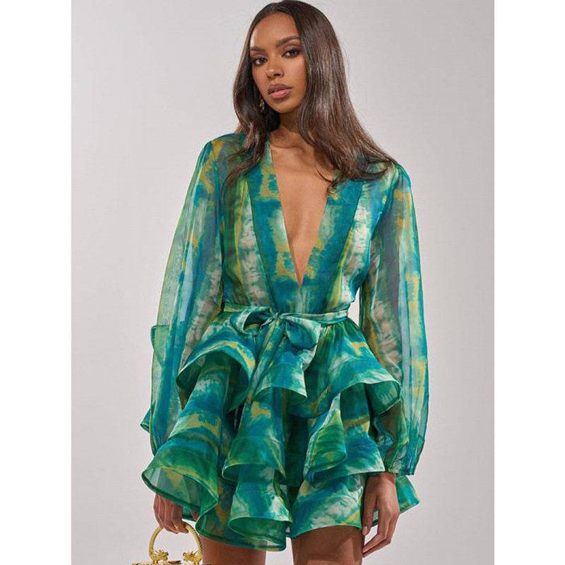 Cross-border foreign trade European and American tie-dye deep V dress with puff long sleeves, waist-cinching straps, ruffled chiffon holiday dress