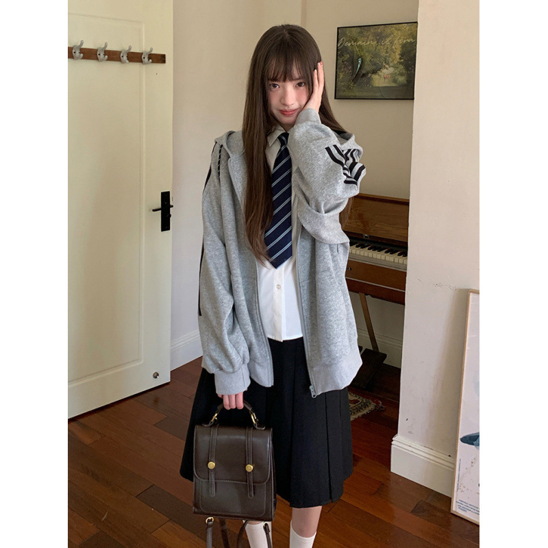 三条杠卫衣女薄款外套2025春秋新款JK开衫宽松百搭学院风连帽上衣|undefined