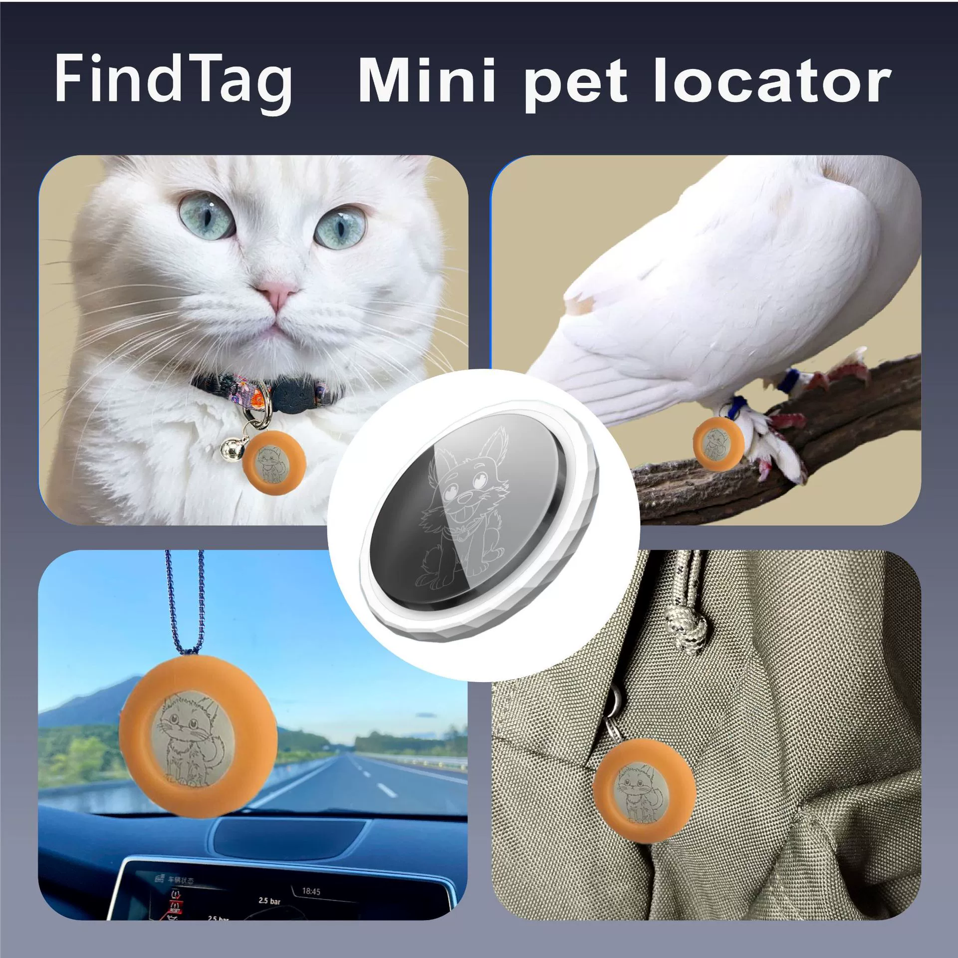 Bluetooth‑локатор для питомцев (ThreeCrab) мини‑ошейник, Android и iOS, лёгкий 9,8×7,9×1,5 см
