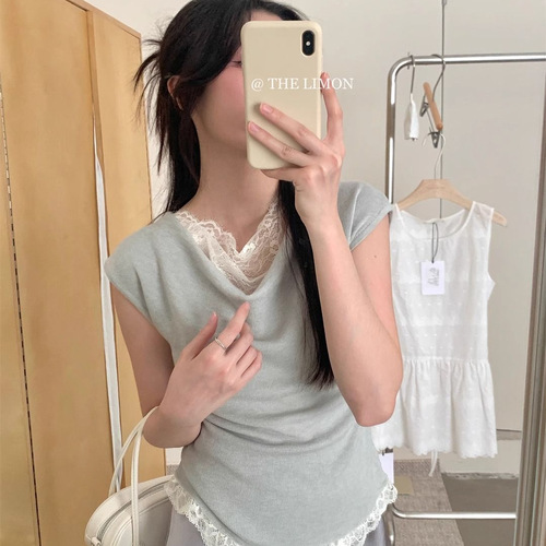 2025 Summer New Chic French Elegant Style Lace Splice Swing Collar Knit Women's One-Shoulder Top