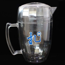 2L双层塑料扎啤壶PC双层隔热保温壶耐摔塑料啤酒壶手柄带盖尖嘴壶