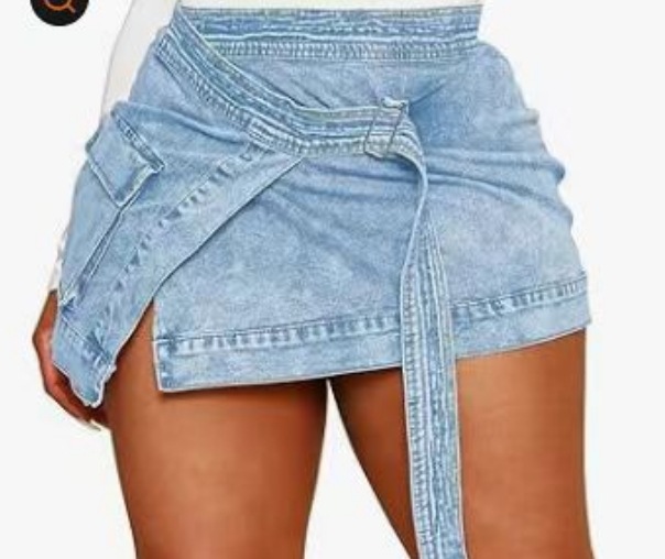 Women's Denim Mini Skirt High Slit Asymmetric With Side Pockets_voghion.com