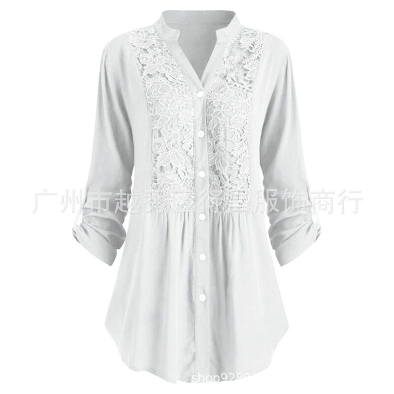 2024 Spring and Autumn New Solid Color Cotton Lace Stitching Long Sleeve Shirt for Women