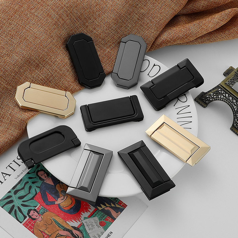 抽屜床頭櫃暗扣平拉手榻榻米隱形明裝衣櫃免打孔暗拉手鋅合金黑色