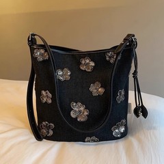 Nanfeng Chio2nd スターライトドリームトートバッグブラックデニムショルダーバッグ女性のスパークルフラワーレトロクロスボディバッグ