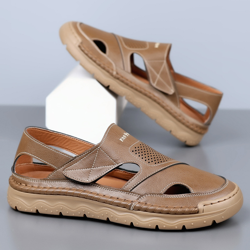 Men's Leather Sandals, Breathable Casual Shoes With Velcro Strap_voghion.com