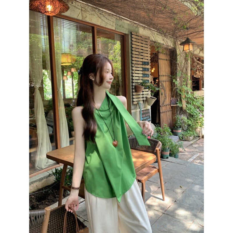 Real Shot of Summer French-Style Flutter Collar Shirt, Loose and Slimming Thin Green Sleeveless Top 14835