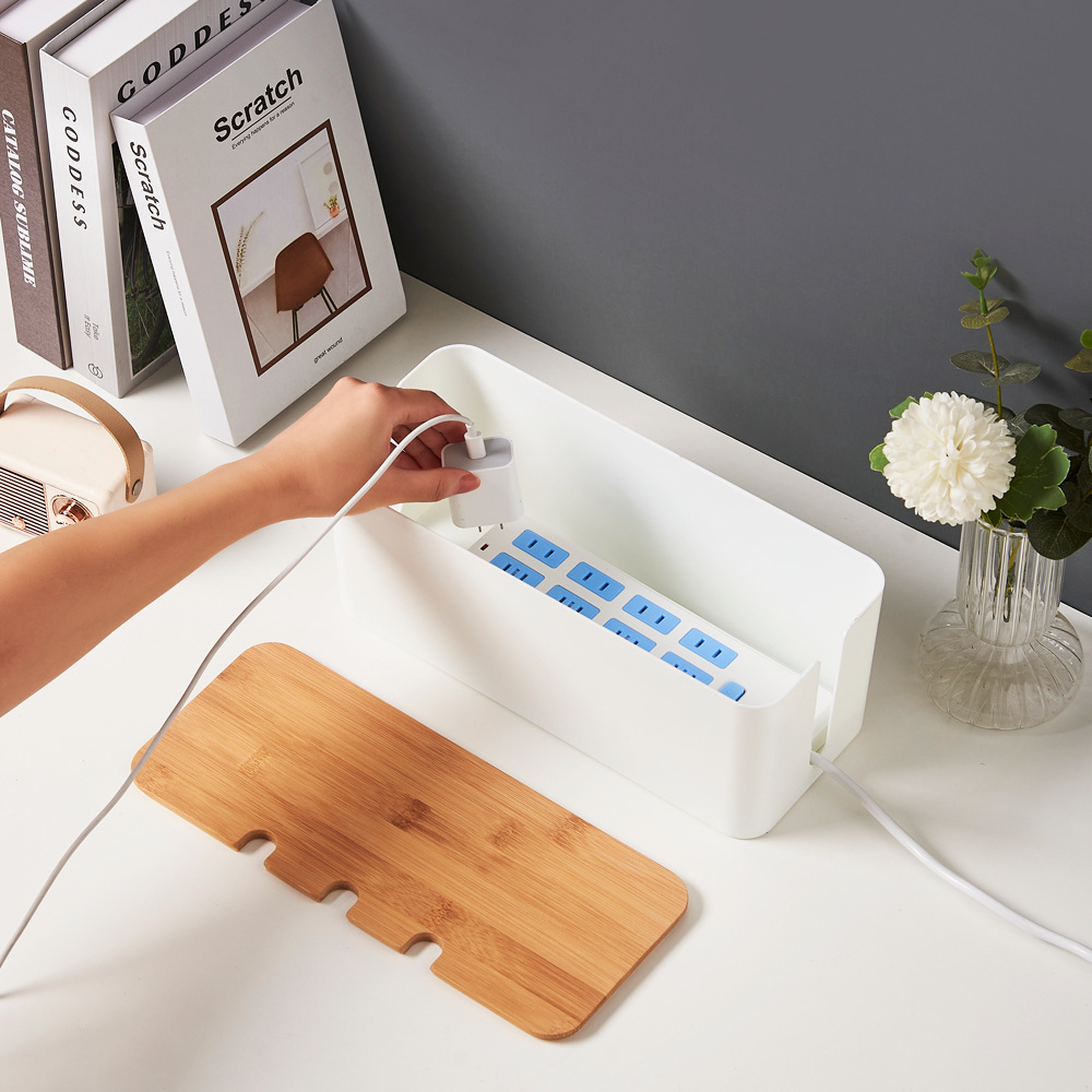 Cubierta de madera de bambú con agujero caja de almacenamiento de alambre tablero de parche de escritorio cable de alimentación cargador de cable de datos caja de gestión Hub