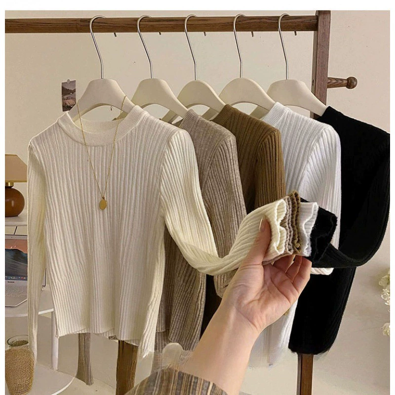 Стройная рубашка с круглым вырезом нижняя рубашка женская осень-зима 2024 новый свитер с длинными рукавами женский сплошной трикотаж топ женский