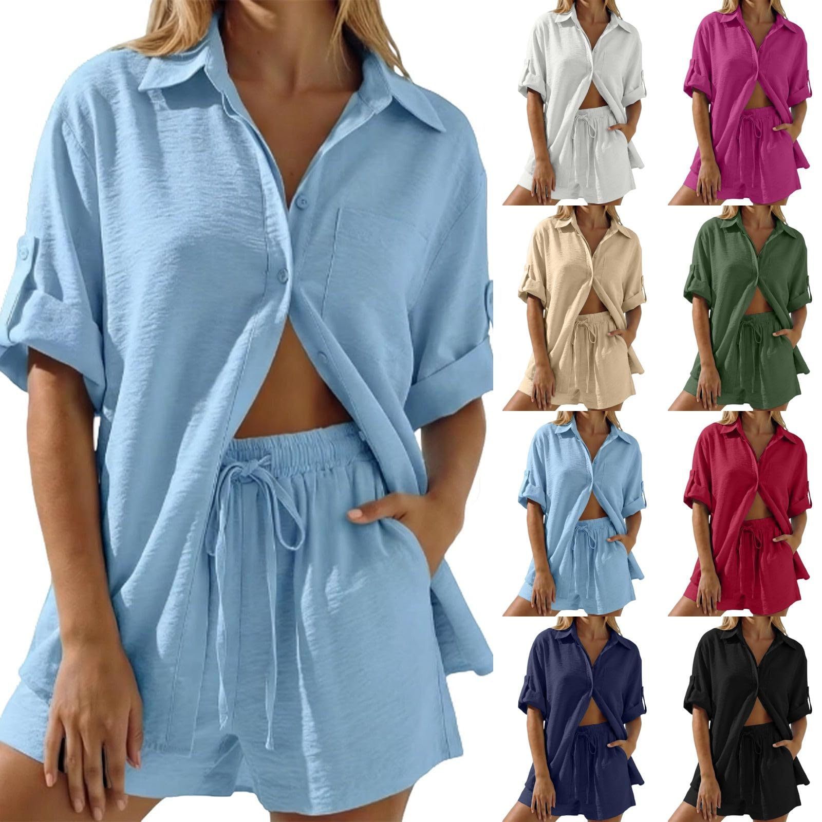 2026 Amazon Cross-Border New Summer Women's Clothing Solid Color Single-Breasted Short-Sleeved Shirt Two-Piece Set with Tie Shorts