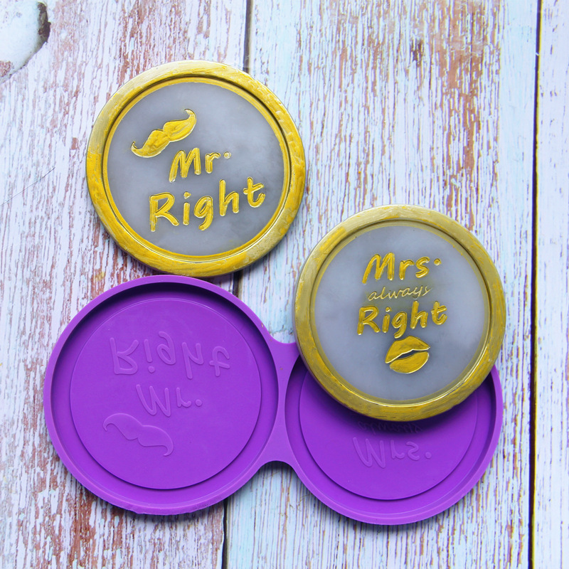 跨境diy水晶滴胶Mrs right情人节情侣杯垫节日款镜面硅胶模具批发