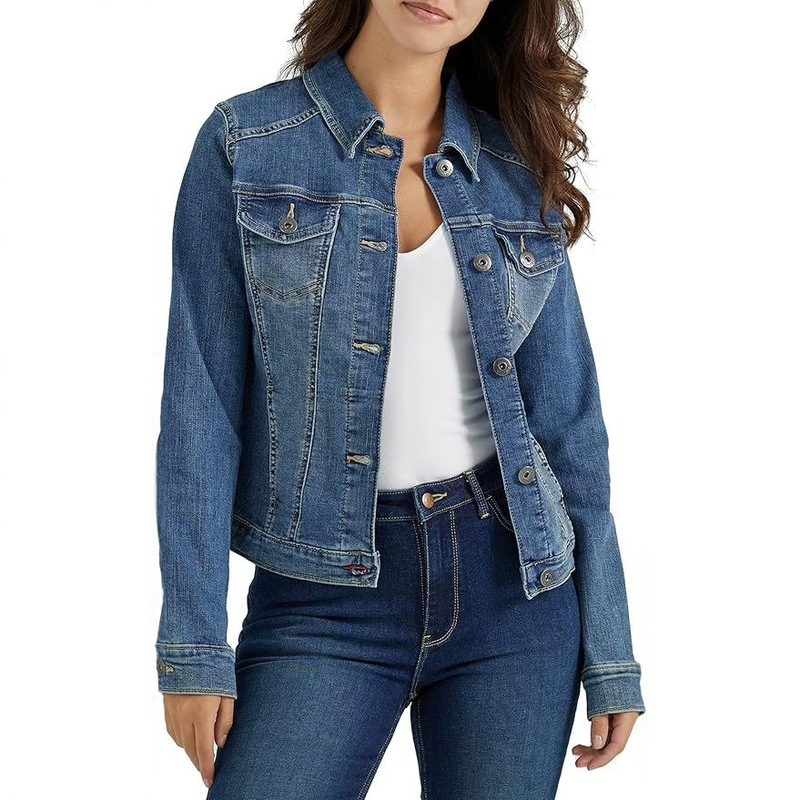 New European and American style slim-fit short stretch denim jacket for women with turn-down collar and pockets, versatile washed denim jacket New European and American style slim-fit short stretch denim jacket for women with turn-down collar and pockets, versatile washed denim jacket