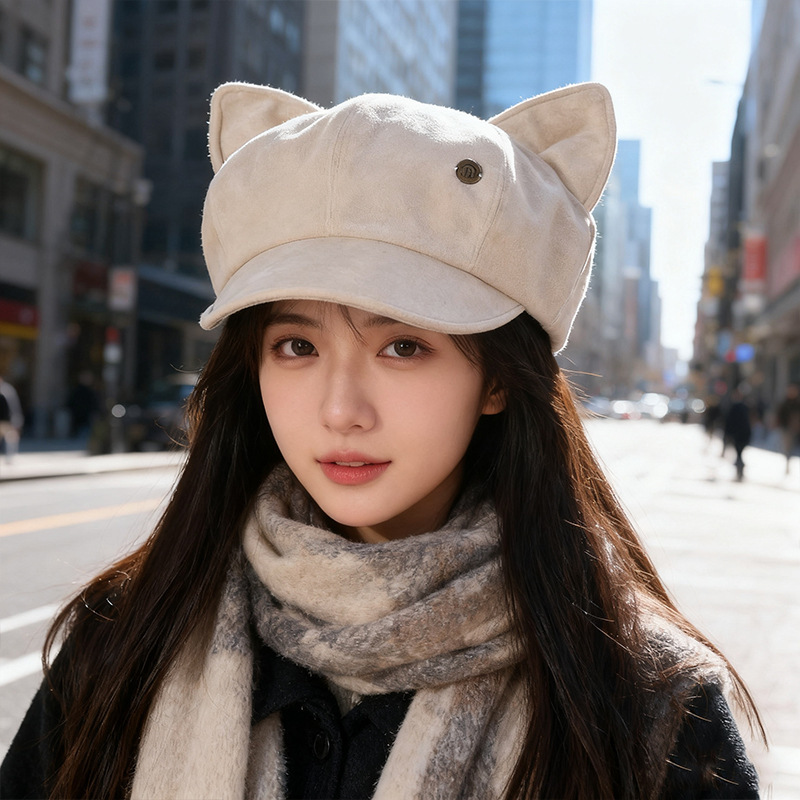 韩版复古麂皮绒猫耳朵帽子女甜美可爱贝雷帽秋冬显脸小画家八角帽|undefined