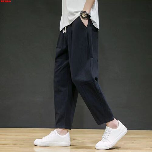 Men's Summer Cotton Linen Pants Loose Lightweight Trendy Versatile Casual Sports Pants Fat and Large Linen Short Pants