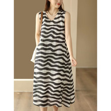 品牌折扣店夏季新款棉麻单层条纹印花减龄轻薄凉爽领无袖连衣裙