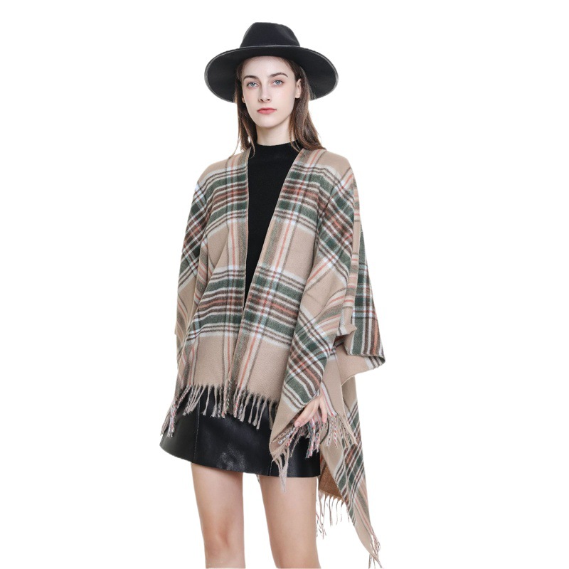 Otoño e Invierno cálido Plaid bufanda estilo británico de las mujeres del mantón la borla moda Split
