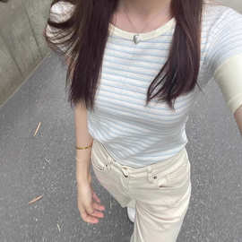 美式复古短袖条纹T恤夏季休闲短款显瘦修身拼色正肩上衣女潮流ins