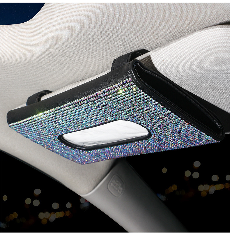 Car Sun Visor Tissue Box Leather Seat Back Diamond Tissue Holder Creative Fashion Women's Rhinestone Car Tissue Box