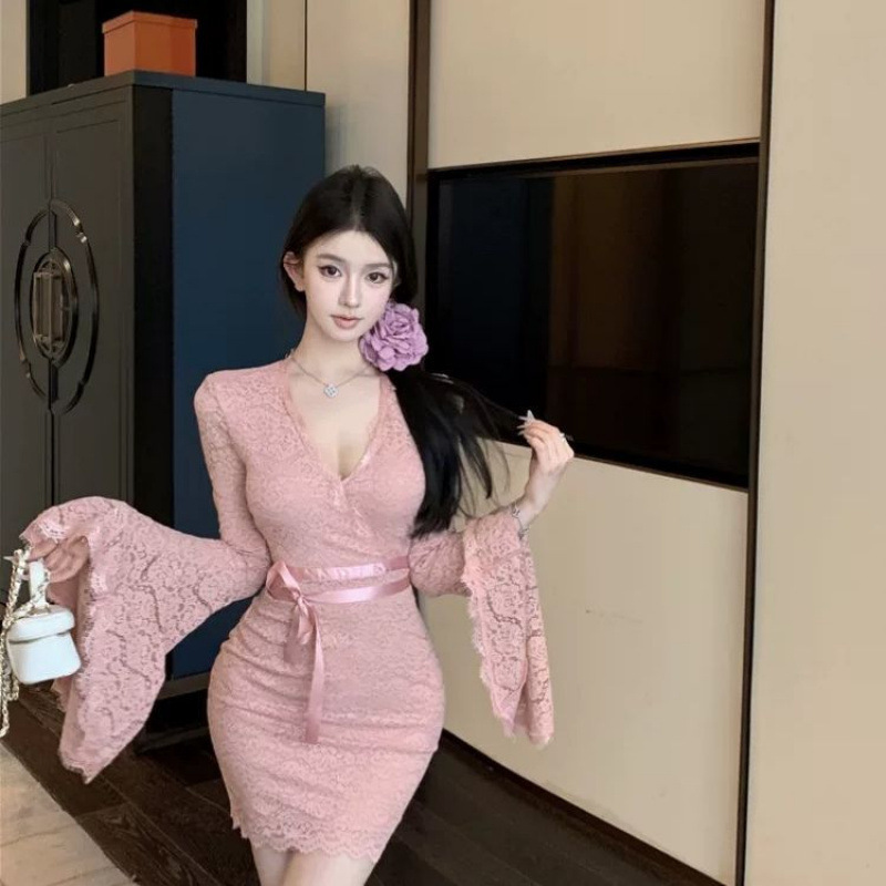 Lace V-Neck Bag Hip Sexy dress Trumpet Sleeve Slim-Fit Slimming Strap Waist Fish Light Mature Style Tail Dress for Women