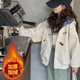 女童休闲美式连帽卫衣开衫中大童腊肠狗秋冬加绒新款长袖拉链衫潮