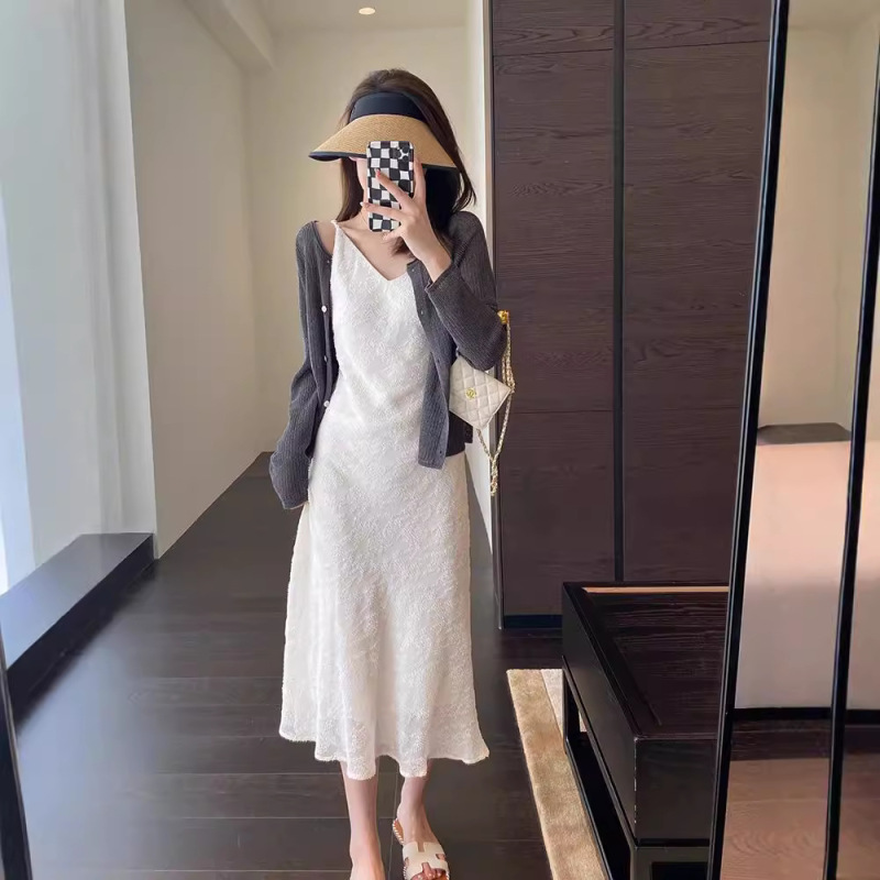 AMR UU ◆ Young Girl's Elegant Mesh Draped Slim Suspender Skirt Mid-length Skirt Women's Dress Spring and Summer New Style