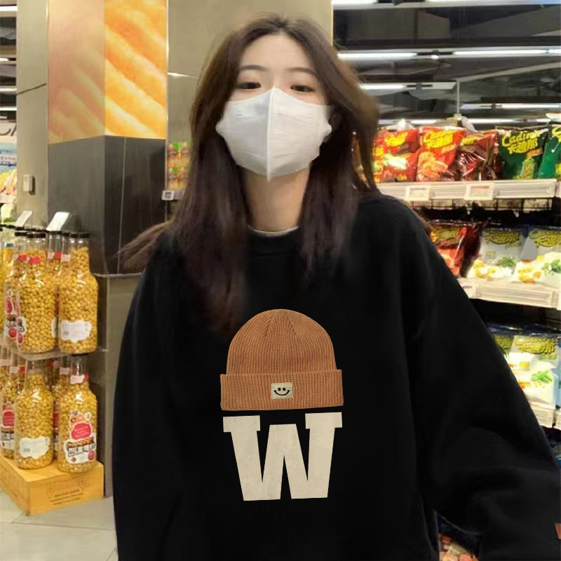 黑色帽子字母印花圆领卫衣女加绒秋冬款情侣套头上衣男女同款班服