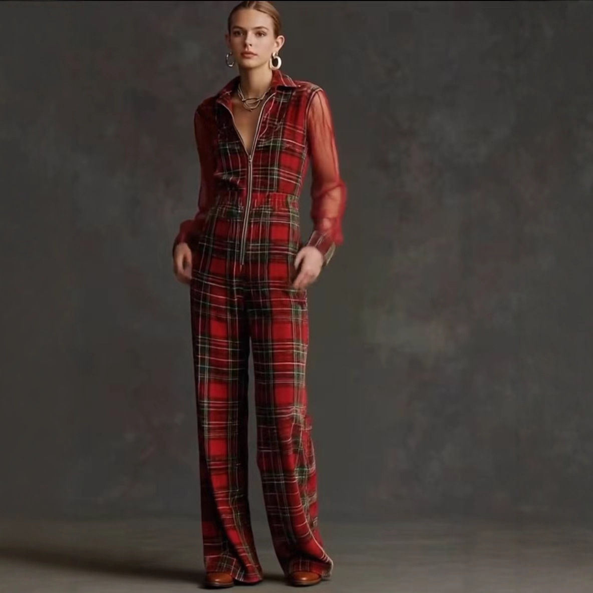 欧美跨境新款亚马逊秋冬红格纹时尚网纱袖修身翻领拉链热销连体裤