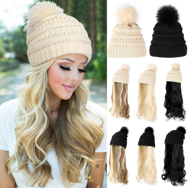 Cross-Border Autumn and Winter New European and American Women's Long Curly Hair Big Wave Hat Solid Color Knitted Wool Hat Wig with Side Bangs Cross-Border Autumn and Winter New European and American Women's Long Curly Hair Big Wave Hat Solid Color Knitted Wool Hat Wig with Side Bangs